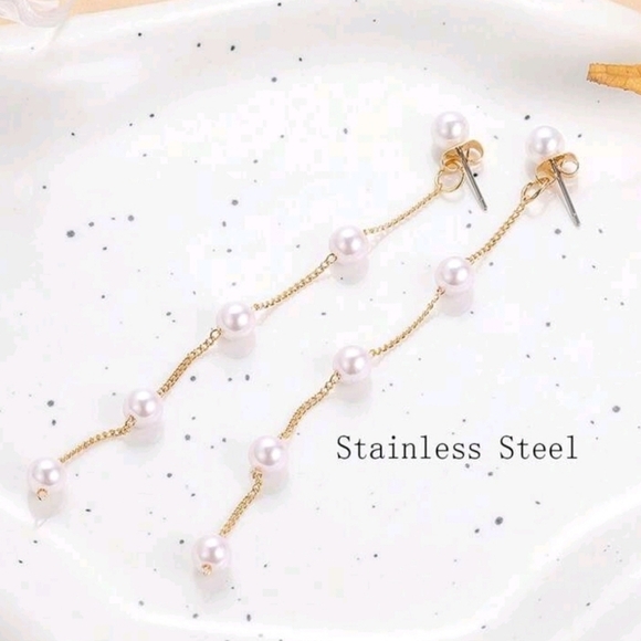 Minimalist Titanium Steel faux Pearl Tassel Chain Earrings, for‎ women - Picture 4 of 4